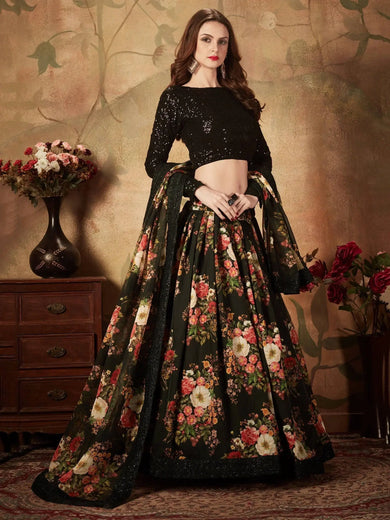 Black Floral Digital Printed Organza Party Wear Lehenga Choli